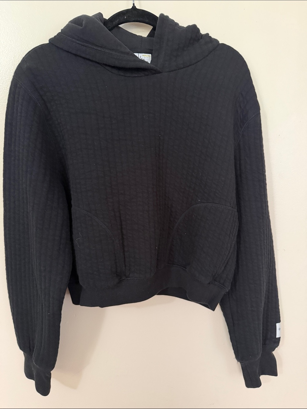 aerie Black Waffle-Knit Hooded Pullover